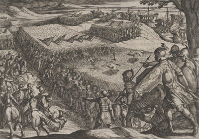 Deska 6: Římané poraženi u Rýna, z Války Římanů proti Bataviánům ..., 1611. od Antonio Tempesta