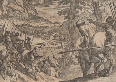 Talíř 8: Alexander obklíčí nepřátelské jednotky ohněm, z The Deeds of Alexander the ..., 1608. od Antonio Tempesta