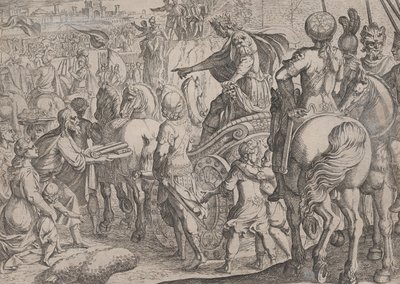 Deska 9: Alexandrův triumfální vjezd do Babylonu, z Čin Alexandra Velikého, ..., 1608. od Antonio Tempesta