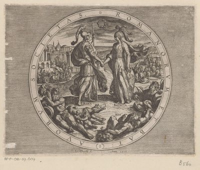 Rome en Batavia schudden elkaar de hand Společnost Římanů a Holanďanů (název na předmětu) De Bataafse oorlogen tegen de Romeinen (název série) Bitva Holanďanů s Římany (název série) od Antonio Tempesta