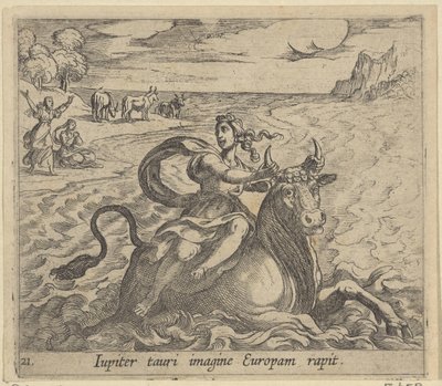 Střešní dodávka Evropa Jupiter zachycuje Evropu v podobě býka (název na objektu) Transformace velikosti metamorphoseon (název série) Metamorfosen van Ovidius (název série) od Antonio Tempesta