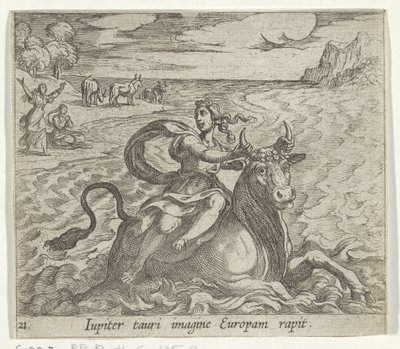 Střešní dodávka Evropa Jupiter zachycuje Evropu v podobě býka (název na objektu) Transformace velikosti metamorphoseon (název série) Metamorfosen van Ovidius (název série) od Antonio Tempesta