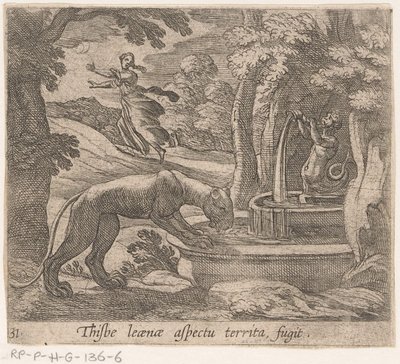 Thisbe vlucht voor the leeuwin by the bron Thisbe aspekt území fugit (titul na objektu) Metamorphosis and Transformation (název série) The Metamorphoses of Ovidius (název série) od Antonio Tempesta