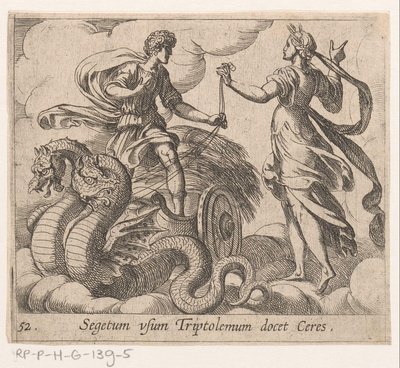 Triptolemus ontagunt de wagon van Ceres Ceres učí Triptolema plodinu (název na předmětu) Metamorphoseon nebo transformace (název série) Metamorfosen van Ovidius (název série) od Antonio Tempesta