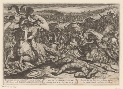 Sebevražda Saula po jeho porážce od Filištínů Saul post cladem et necem fillor sibl morte conscivit (titul na objektu) Starý zákon bitevní scény (název série) od Antonio Tempesta