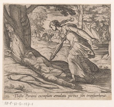 Zelfmoor van Thisbe Thijsbe měl příčnou hruď po vzoru Pyrama (titul na předmětu) Metamorphoseon nebo transformace (název série) Metamorfosen van Ovidius (název série) od Antonio Tempesta