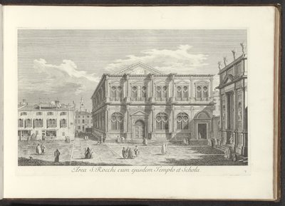 Gezicht op Campo San Rocco te Venetië Oblast S. Rocchi se stejným chrámem a školou (název na objektu) Gezichten op bugemenen en pleinen v Benátkách (název série) Slavnější pohledy na město Benátky z 38 panelů Antonius Canal, vyrytých do mosazi od Ant. od Antonio Visentini