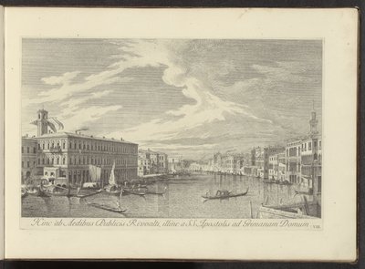 Podívejte se na Canal Grande te Benátky Odtud do veřejných domů Rivoalti, na druhé straně od SS. Apoštolové domu Grimana (název na předmětu) Nejznámější pohledy na město Benátky, z 38 mosazných panelů Antonius Canal, vytištěných Antoniem Vissentinim v část od Antonio Visentini