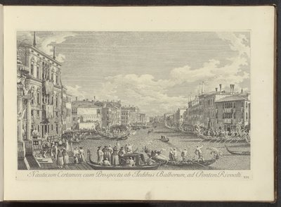 Gezicht op het Canal Grande te Venetië waar de Regata plaatsvindt Námořní soutěž s výhledem od domů Balbore k mostu Rivoalti (název na objektu) Známější pohledy na město Benátky z panelů Antonius Canal 38 vytištěných vzduchem Antoniem od Antonio Visentini