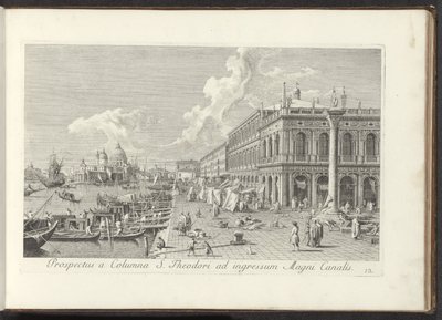 Hoek van het San Marcoplein se setkal s de Biblioteca Marciana Pohled od sloupu svatého Theodora ke vchodu do Canal Grande (titul na objektu) Nejznámější pohledy na město Benátky, z 38 mosazných panelů Antonius Canal, vytištěných Antoniem Vissentinim v čás od Antonio Visentini