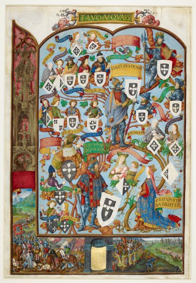 Genealogický strom králů Portugalska zobrazující původ ze Sancho Capella a Alfonsa III. Dolní okraj: bitva u Salada v roce 1340 od Antonio de Hollanda