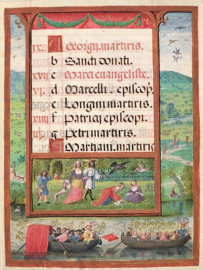 Měsíc duben, miniatury z „Knihy hodin Doma Manuela“, 1517-38 (tempera na pergamenu) od Antonio de Hollanda