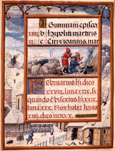 Měsíc únor, miniatury z „Knihy hodin Doma Manuela“, 1517-38 (tempera na pergamenu) od Antonio de Hollanda