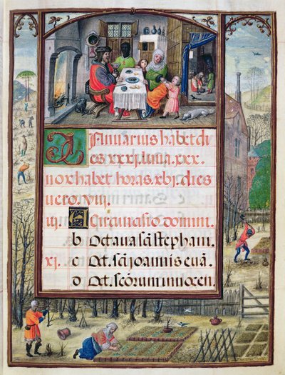 Měsíc leden, miniatury z „Knihy hodin Doma Manuela“, 1517-38 (tempera na pergamenu) od Antonio de Hollanda
