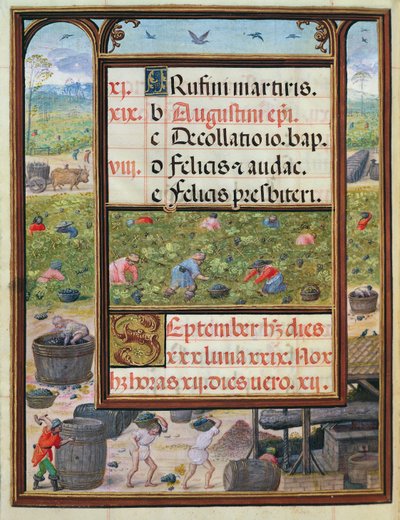 Měsíc září, miniatury z „Knihy hodin Doma Manuela“, 1517-38 (tempera na pergamenu) od Antonio de Hollanda