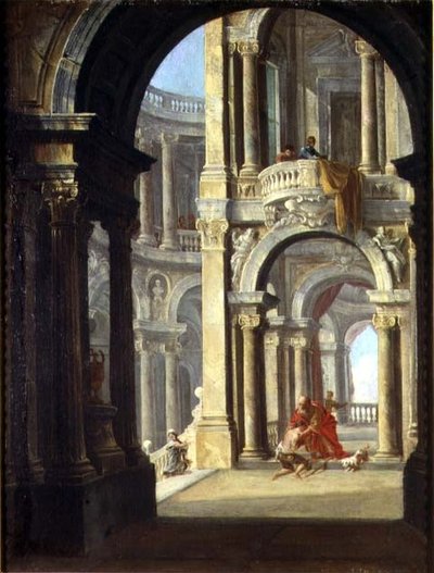 Capriccio barokního paláce s návratem marnotratného syna od Antonio de dipi (circle of) Joli