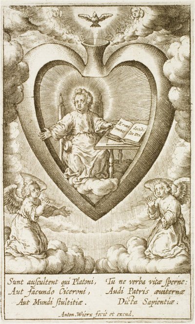 Dítě Ježíš sedí v Nejsvětějším Srdci s otevřenou knihou od Antonius Wierix (II)