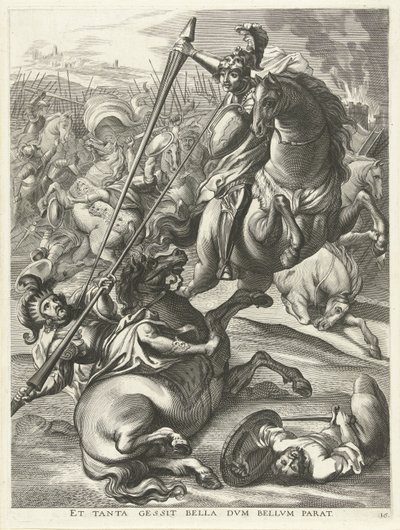 Achilles porazí Telefos; Vstup Ferdinanda do Gentu v roce 1635 Et tanta gessit bella dvm bellvm parat (název na objektu) od Antony van der Does