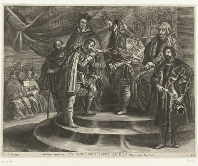 Troonsafsand van Karel V; intocht van Ferdinand te Gent v roce 1635 (blad 25) Karel se zbavil Království a Říše / Nyní budete po něm druhý / Filip II bere království od svého otce (titul na předmětu) od Antony van der Does