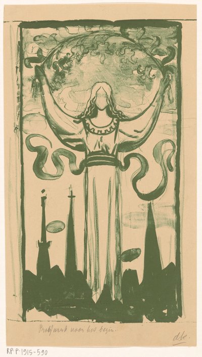 Ženská postava držící větev květin nad hlavou od Antoon Derkinderen (signed by artist)