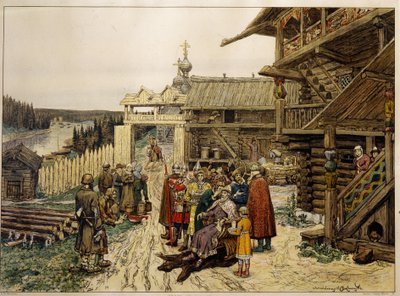 Feudální dvůr ruského knížete. (Ve středověké vesnici pán sedící na židli na dvoře dřevěného domu, obklopený svými vojáky a rádci, naslouchá stížnostem sedláků). Dílo Appolinari Michajloviče Vasněcova od Apollinari Mikhailovich Vasnetsov