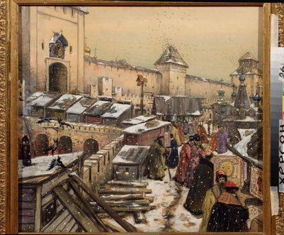 Moskva v 17. století, Knihkupectví na mostě Krista Spasitele (Moskva v 17. století, Knihkupectví na mostě Krista Spasitele) - Dílo Appolinariho Mychajloviče Vasněcova (1856-1933), akvarel a bílá na kartonu od Apollinari Mikhailovich Vasnetsov