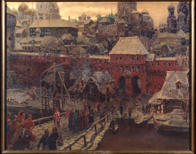 Moskva v 17. století, Moskvorecký most a vodní brána - obraz Appolinariho Michajloviče Vasněcova (1856-1933), olej na plátně od Apollinari Mikhailovich Vasnetsov