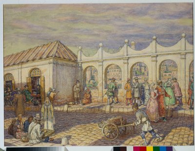 Pouliční scéna na Kamenném mostě (Most všech svatých) v Moskvě v době Petra I. Velikého (1672-1725) - umělecké dílo Appolinari Michajloviče Vasněcova (1856-1933) od Apollinari Mikhailovich Vasnetsov