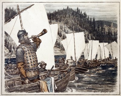 Jermak Timofejevič (asi 1540-1585) na řece Irtyš. (Jermak Timofejevič na Irtyši). Epizoda průzkumu a dobývání Sibiře, v roce 1583. Dílo Appolinari Michajloviče Vasněcova (1856-1933), litografie 1916. Ruské umění, 20. od Apollinari Mikhailovich Vasnetsov