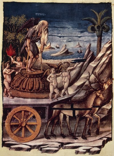 Triumf času, vůz Času tažený jeleny, miniatura Apollonia di Giovanni (1415 nebo 1417-cca 1465) z Triumphs, alegorická báseň Francesca Petrarcy (1304-1374), rukopis 1129, folio, Itálie, vers od Apollonio di Giovanni di Tommaso