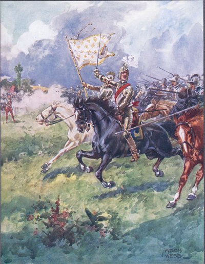 Tisíc rytířů se tiskne těsně za sebou, ilustrace z Balady slavných bojů, kolem roku 1900 od Archibald Webb