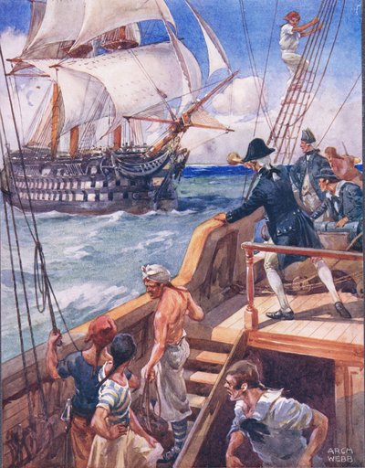 Náš kapitán přivítal Francouze "Ho!", ilustrace z "Balad o slavných bojích", cca 1900 od Archibald Webb