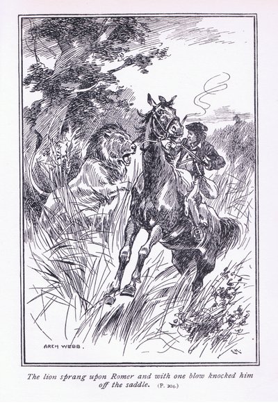 Lev se vrhl na Romera a jedinou ranou ho srazil ze sedla, 1900. od Archibald Webb