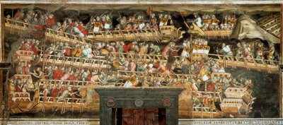 Námořní bitva v Punta Salvatore, která se postavila armádě Frederica Barberossy proti Benátčanům (Fresco od Aretino Luca Spinello or Spinelli