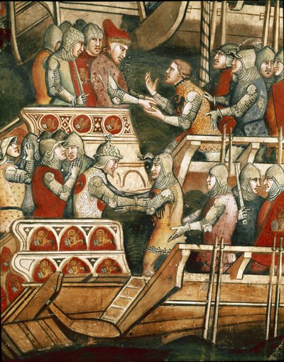 Námořní bitva v Punta Salvore v Terstském zálivu. Detail výměny rukojmích (Fresco od Aretino Luca Spinello or Spinelli