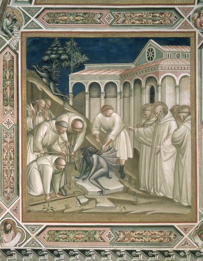 Těžký kámen, detail ze života svatého Benedikta (cca 480-cca 550), v sakristii, 1387 od Aretino Luca Spinello or Spinelli