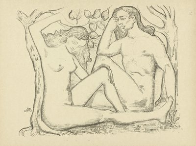 Adam a Eva sedí u stromu Nahý muž a žena L