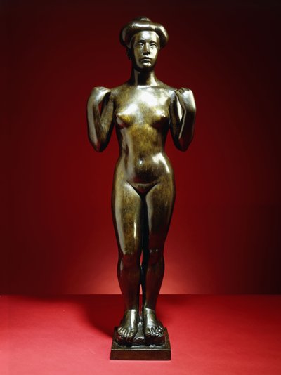 Lapač se zdviženýma rukama; Baigneuse, aux Bras Leves, cca 1900 (bronz se zelenohnědou patinou) od Aristide Maillol