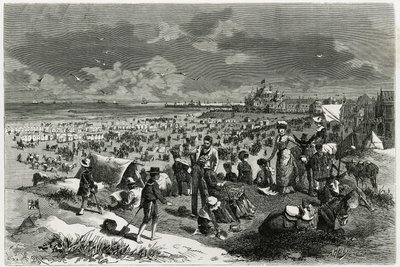 Pláž Ostende. Rytina od A. Heinse, k ilustraci příběhu „“ La Belgique“, od Camille Lemonnier (1844-1913), spisovatelky a umělecké kritiky. Publikováno v Tour du monde new journal des voyages od Armand Jean Heins