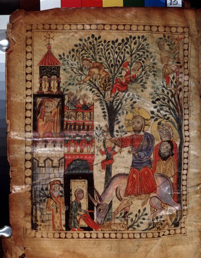 Vjezd Krista do Jeruzaléma (Izrael). Iluminace mistra Codexu Matenadaran (13. století), miniatura, akvarel na pergamenu od Armenian School