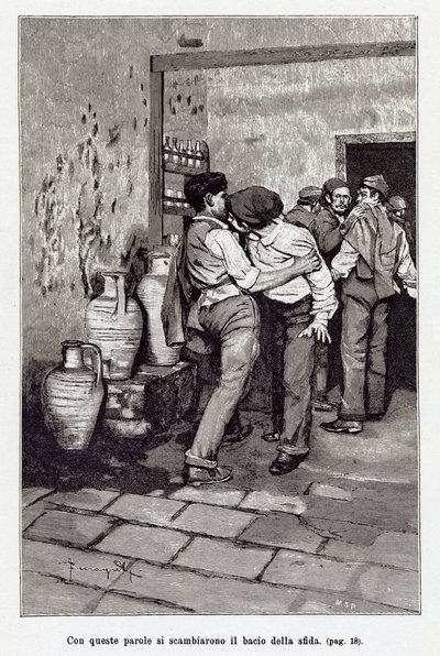Pozvání na sicilský souboj smrtelným „polibkem“, vlastně kousnutím do ucha. Ilustrace Arnalda Ferragutiho k nové „" Cavalleria Rusticana "" od Giovanniho Vergy. 1897 od Arnaldo Ferraguti