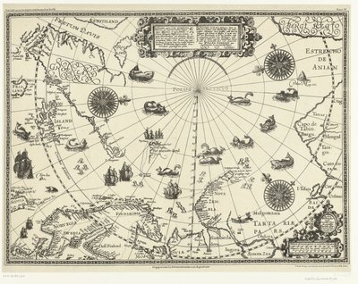 Mapa zemí kolem polárního kruhu zobrazující tři cesty Holanďanů, 1598 Popis tří seylagien, které provedli Holanďané a Noordt syde van Noorweghen, Moscovia, nova Sembla a přes část Groenlandt na 80. stupních od Arnaud A.J. Pistoor