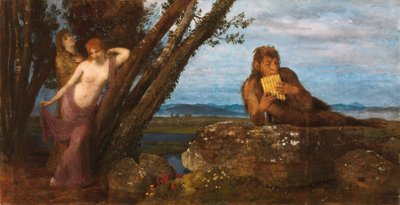 ""Soiree de Printemps"" (Jarní večer) Pan hraje na flétnu, leží na skále, zatímco dvě nereidy se lascivně opírají o kmeny - Obraz Arnolda Bocklina (1827-1901) 1879 Szepmuveszeti Muzeum, Budapešť od Arnold Böcklin