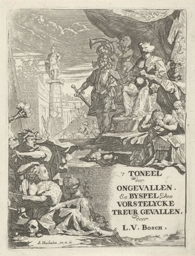 Uříznuté hlavy pro panovníka na trůnu Titulní strana pro: L. van den Bos, Divadlo nehod a vedlejší hra vorstelyckeho smutku, 1699 od Arnold Houbraken