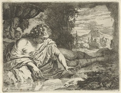 Narcis Scéna soch hříchů otevřena ve službách malířů, držitelů soch atd. (název série) od Arnold Houbraken