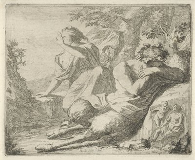 Satyr a ženská postava zakrývají oči před slunečním zářením Scéna soch hříchů otevřena ve službách malířů, držitelů soch atd. (název série) od Arnold Houbraken