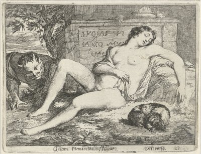 Spící nymfa se psem, kterou špehoval satyr Quam meminisse Juvat (název na objektu) Scéna soch hříchů otevřena ve službách malířů, držitelů soch atd. (název série) od Arnold Houbraken