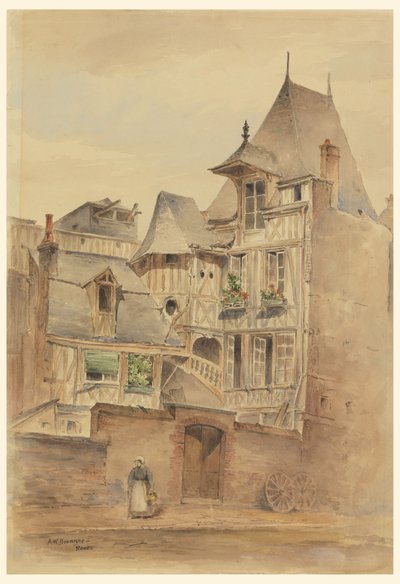 Kresba, Uliční scéna se středověkými domy, asi 1885 od Arnold William Brunner