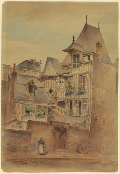 Kresba, Uliční scéna se středověkými domy, asi 1885 od Arnold William Brunner