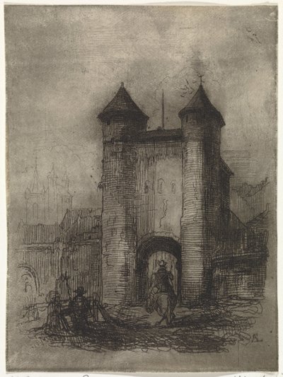 Pohled na Helpoort v Maastrichtu při pohledu z pole Porte du Jaer (název na objektu) od Arnoud Schaepkens